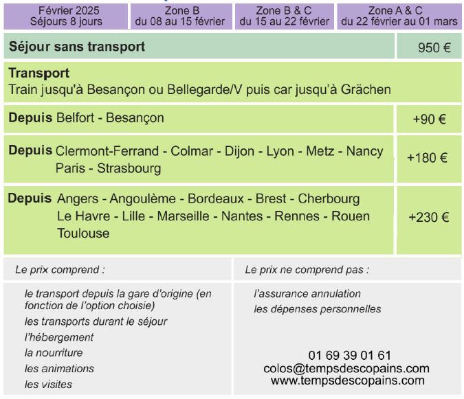 Dates et Tarifs - Séjours Hiver - Grachen - Suisse - Le Temps Des Copains LTC