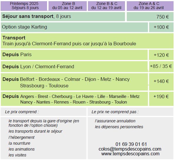 Dates et Tarifs - Séjours Printemps - Auvergne - La Bourboule - Le Temps Des Copains LTC